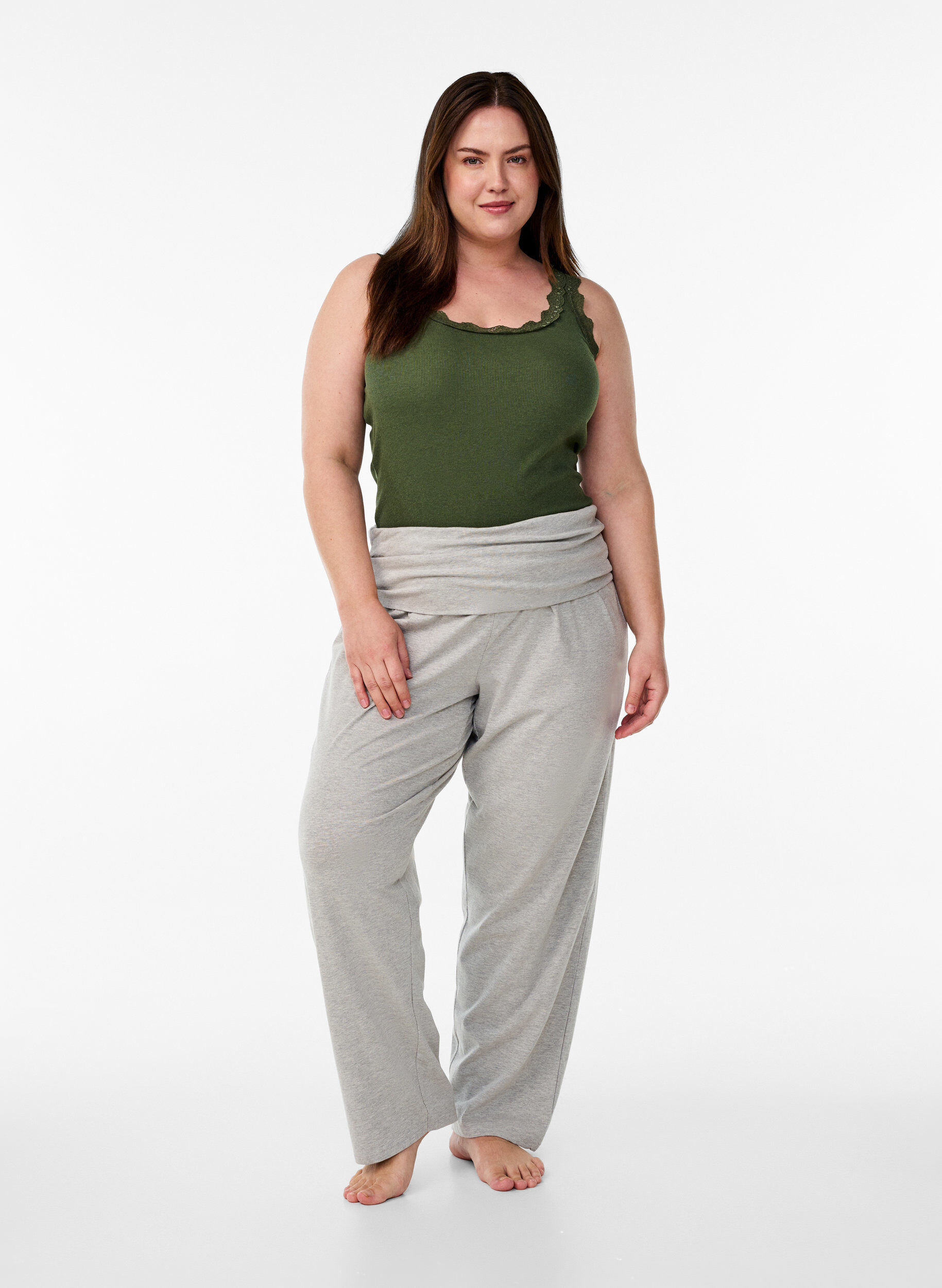 Loose lounge trousers with wide waistband, Grey, Model
