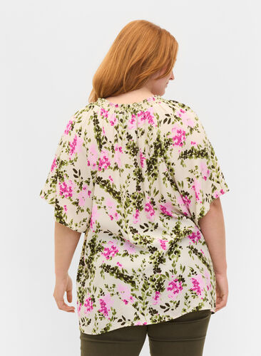 Viscose blouse with short sleeves, Green Pink AOP, Model image number 1