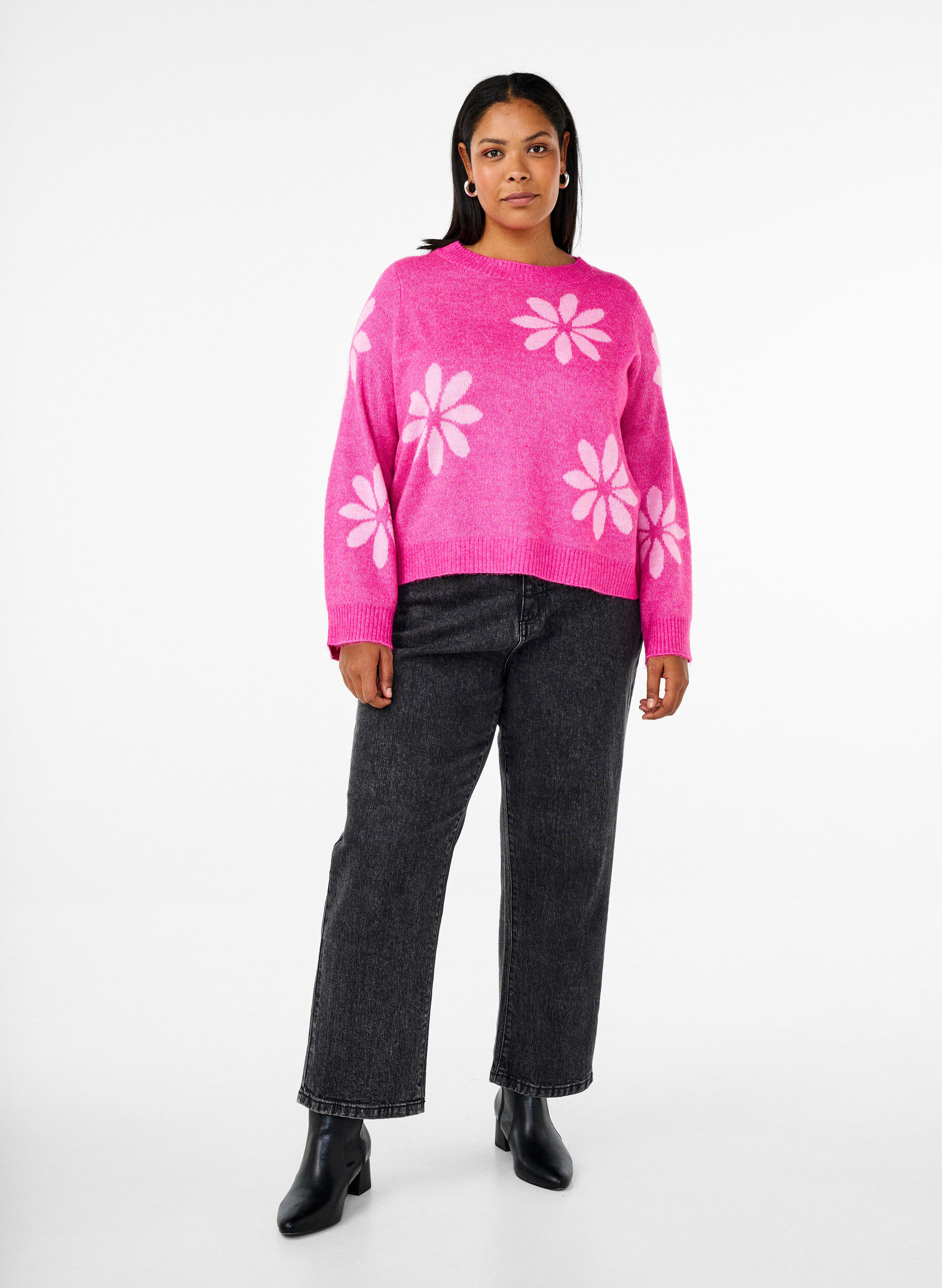 Zizzifashion Knitted blouse with flowers, Raspberry Rose Comb, Model image number 2