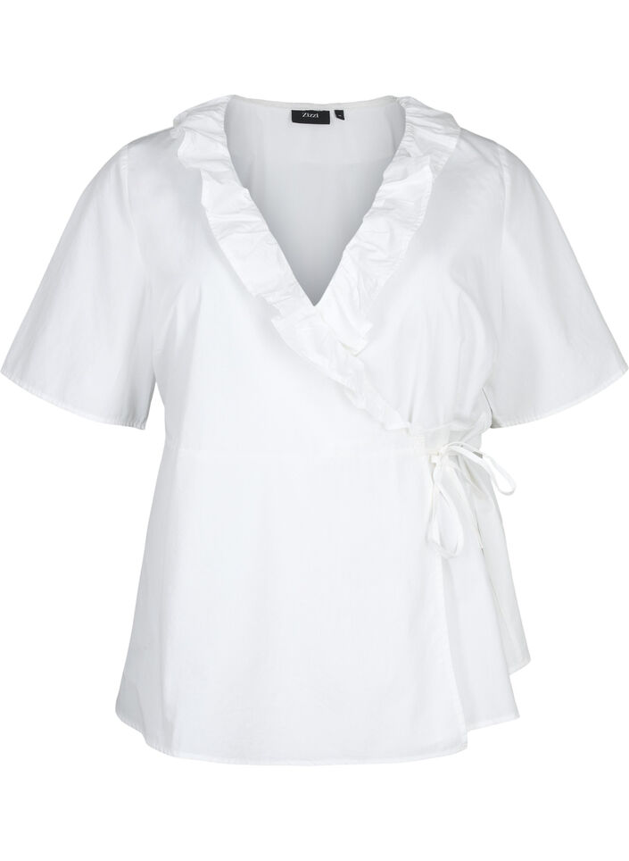 Short sleeve blouse with ruffle detail, White, Packshot image number 0