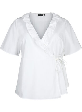 Short sleeve blouse with ruffle detail, Bright White, Packshot image number 0