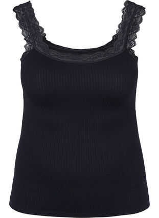 Plain ribbed undershirt with lace, Black, Packshot image number 0