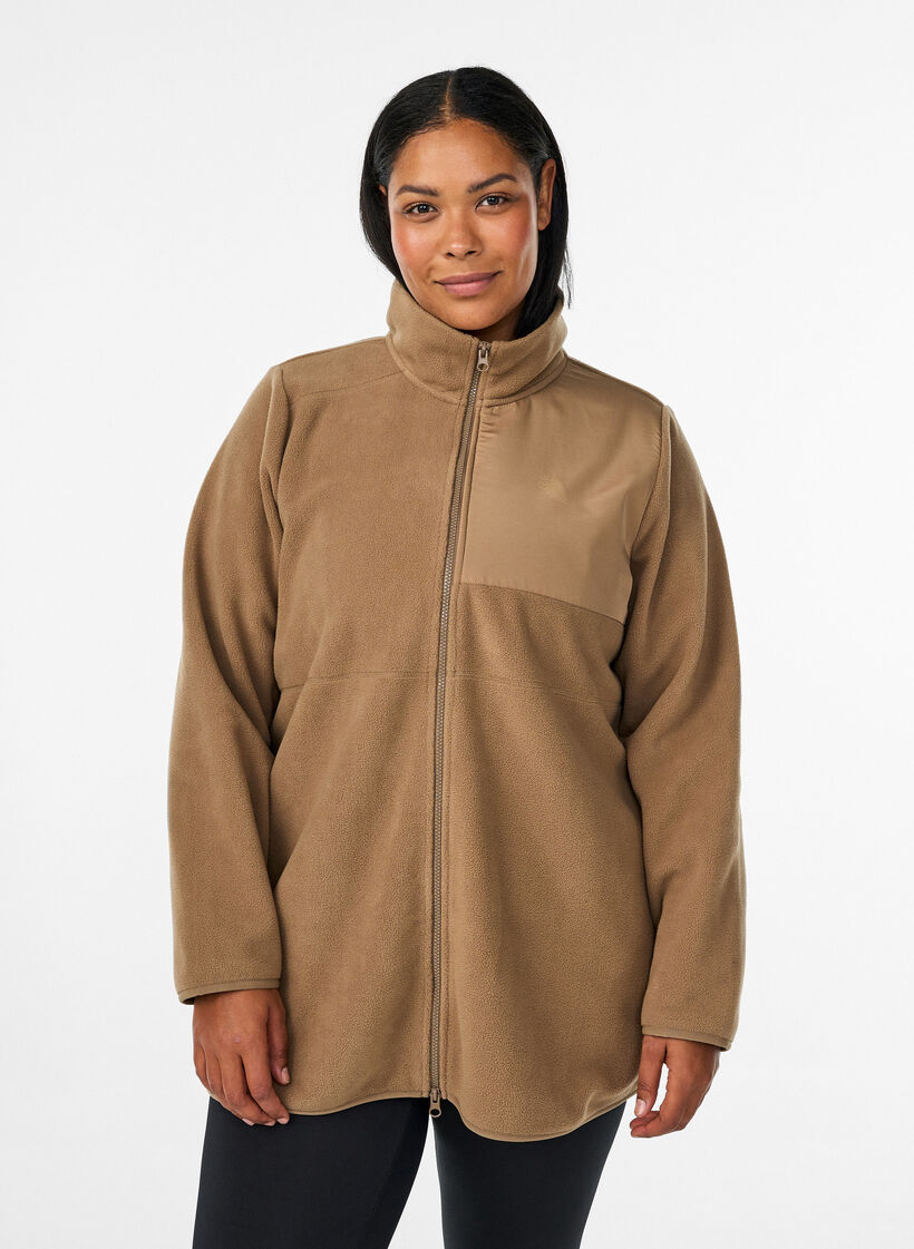 Fleece jacket with high neck and zip, Brown, Model image number 0