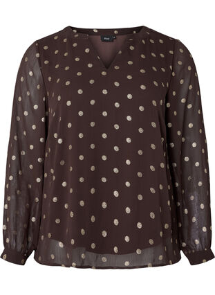 Printed blouse with v-neckline, Fudge/Gold Dots, Packshot image number 0