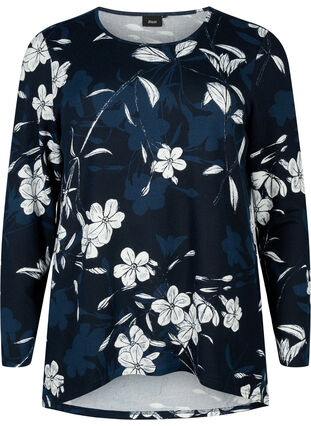 Floral blouse with long sleeves, Navy B. Flower AOP, Packshot image number 0