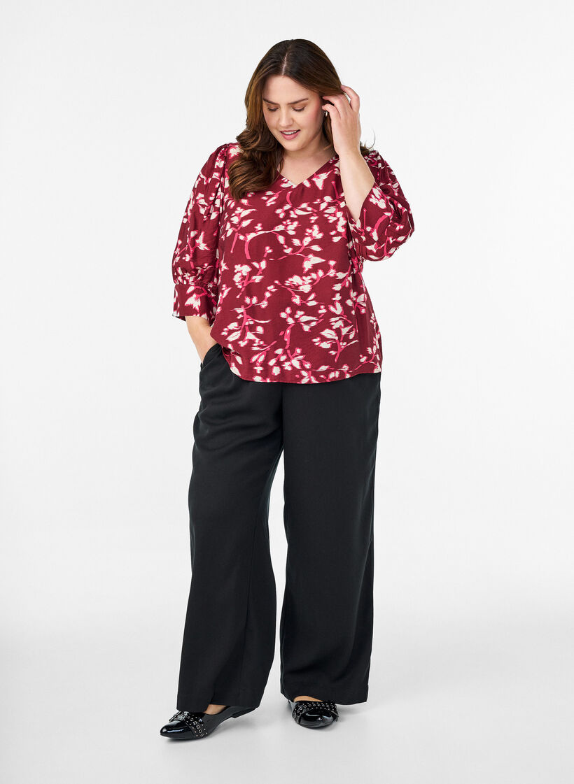 Blouse with V-neck and 3/4-sleeves, Red, Model image number 1