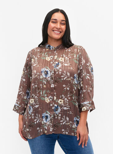 Floral Print Shirt , Brown Flower AOP, Model image number 0