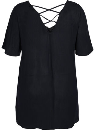 Short-sleeved viscose tunic with lace details, Black, Packshot image number 1