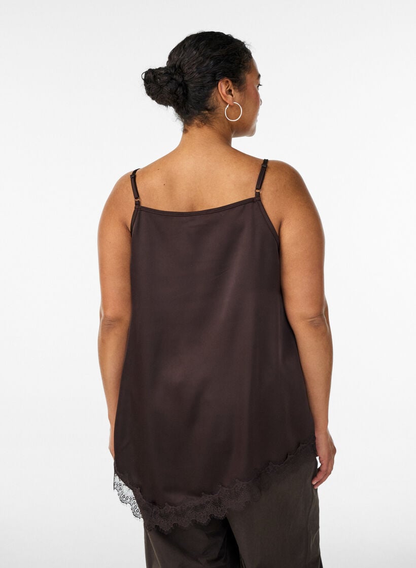 Satin top with lace trim and asymmetric hem, Brown, Model image number 2