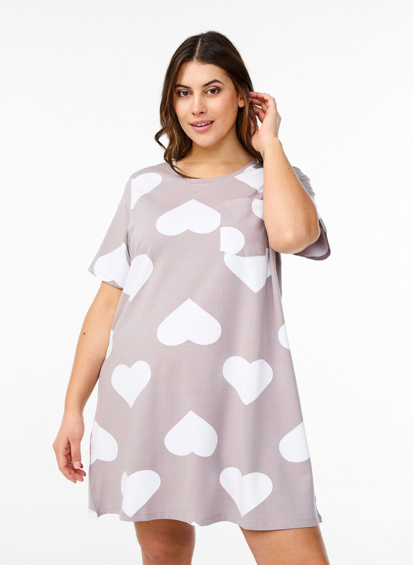 Long night t-shirt in a modal blend with hearts, Grey, Model image number 0