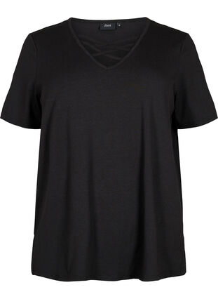 T-shirt with v-neck and cross detail, Black, Packshot image number 0