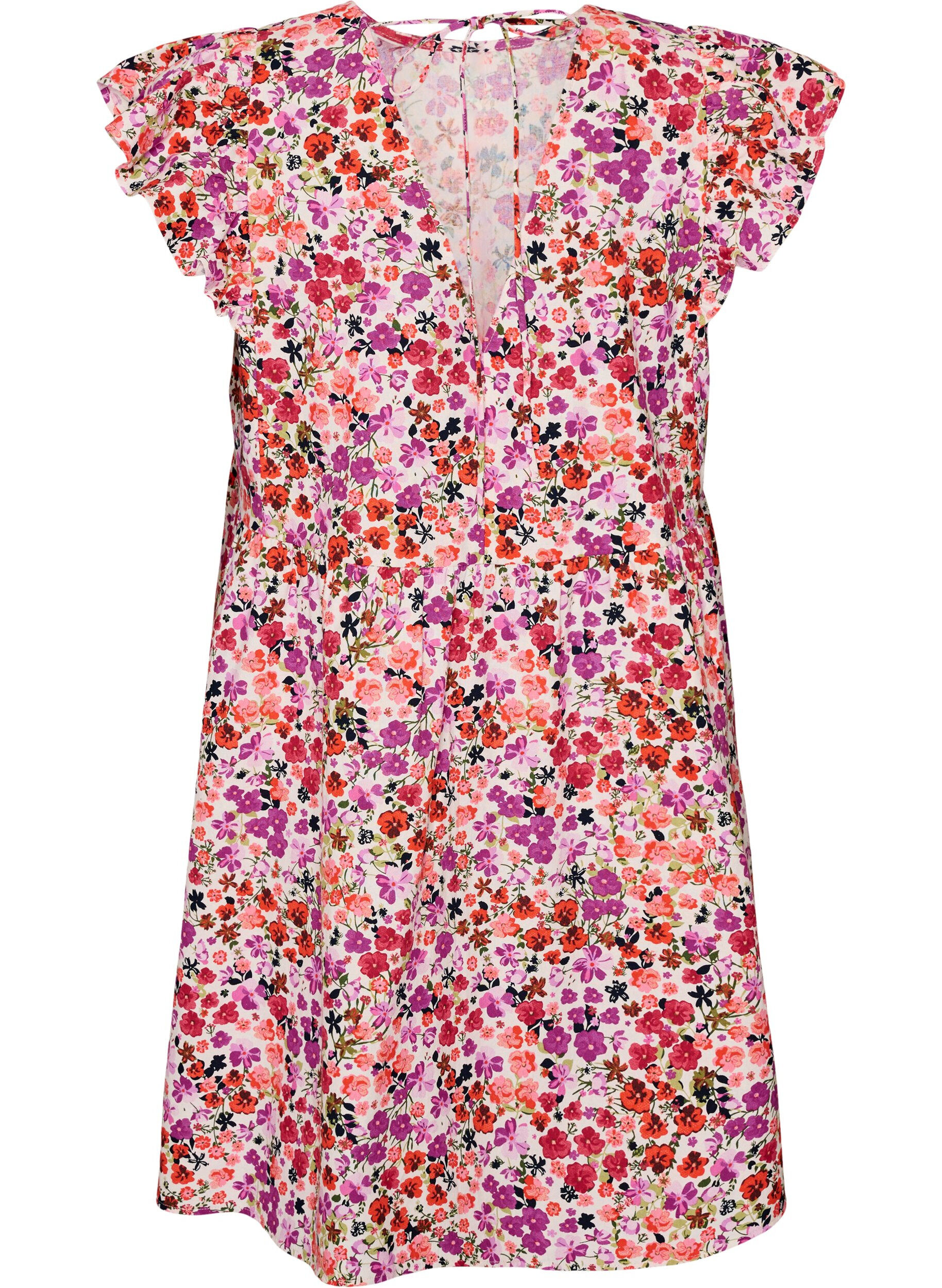 ZizzifashionFloral cotton dress with ruffles and V-neck, Pink, Packshot image number 1