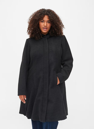 Coat with a hood and A-line cut, Black, Model image number 0