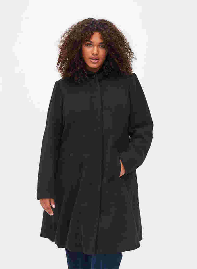 Coat with a hood and A-line cut, Black, Model