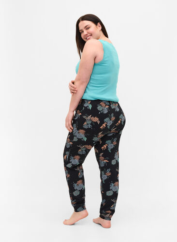 Cotton night trousers with floral print, Black Flower AOP, Model image number 0