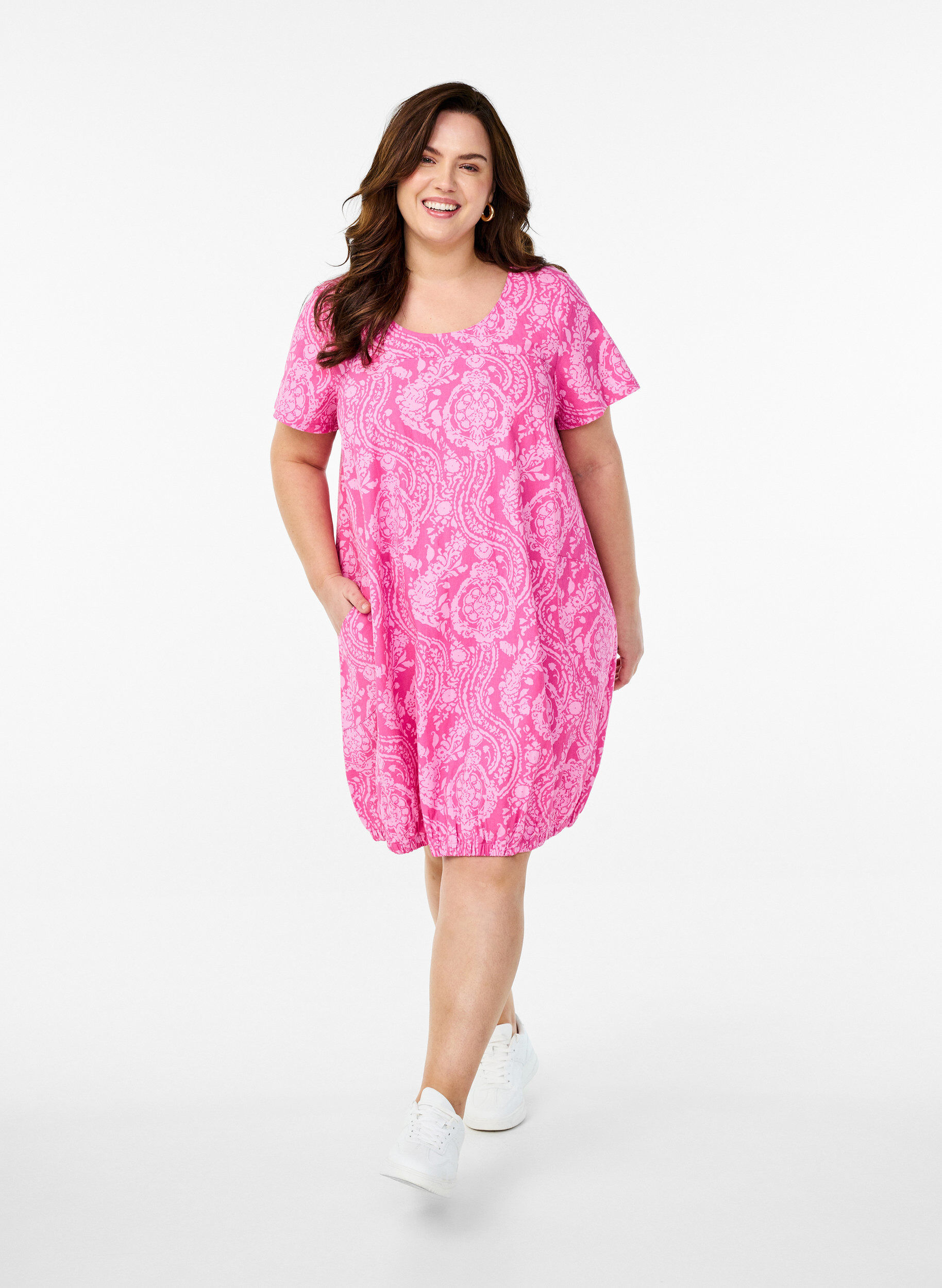 ZizzifashionShort-sleeved cotton dress with print, Pink, Model image number 1
