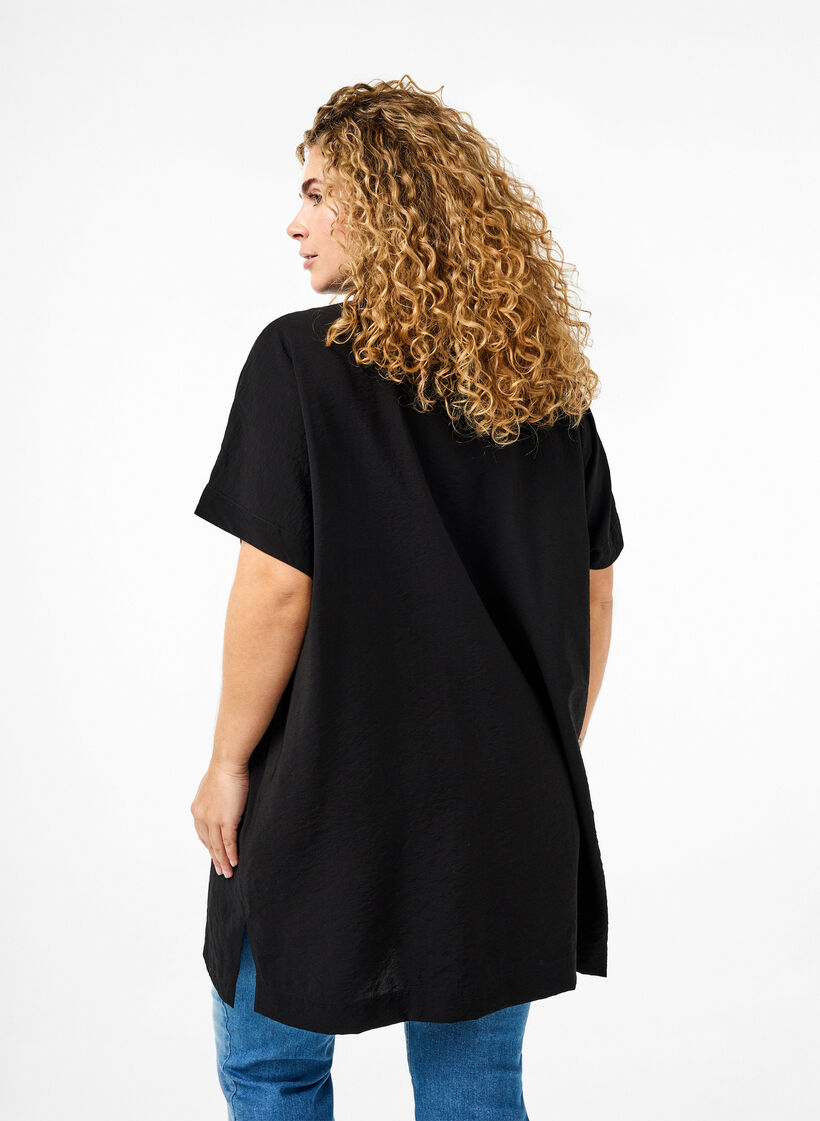 Long viscose shirt with short sleeves, Black, Model image number 1