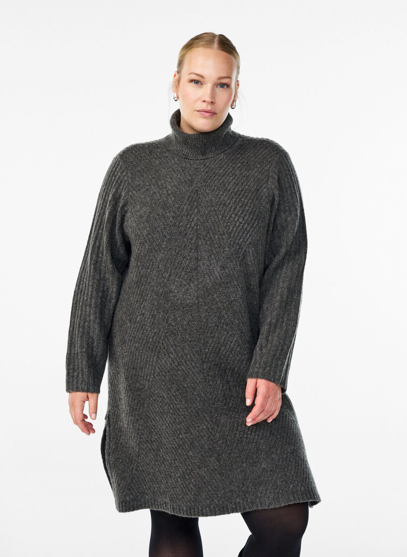 Short knitted dress with a turtleneck and ribbed texture, Dark Grey, Model image number 0