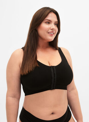 Seamless bra with front closure, Black, Model image number 0