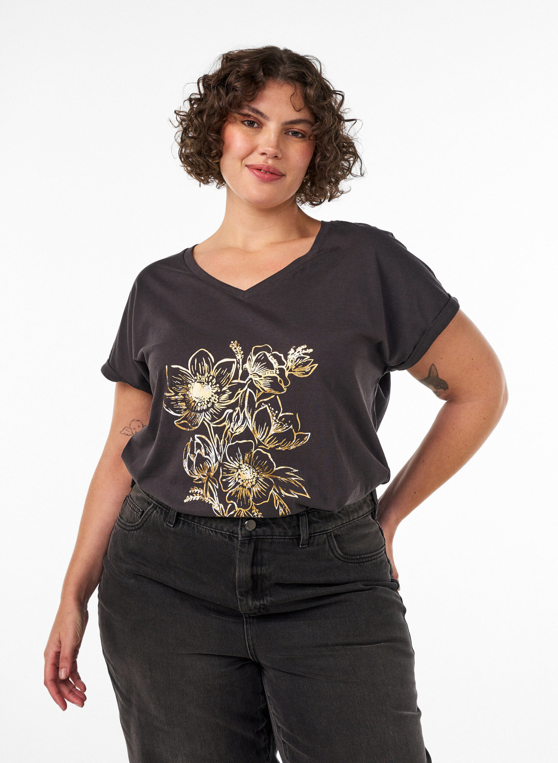 ZizzifashionCotton T-shirt with gold foil print, Dark Grey, Model image number 0