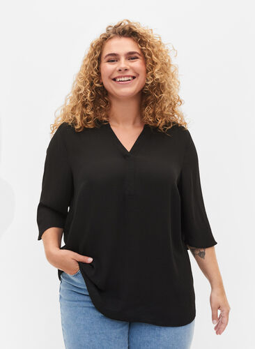 Blouse with 3/4 sleeves and v cutting, Black, Model image number 0