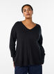 Fine-knit blouse with v-neck and front detail, Black, Model image number 0