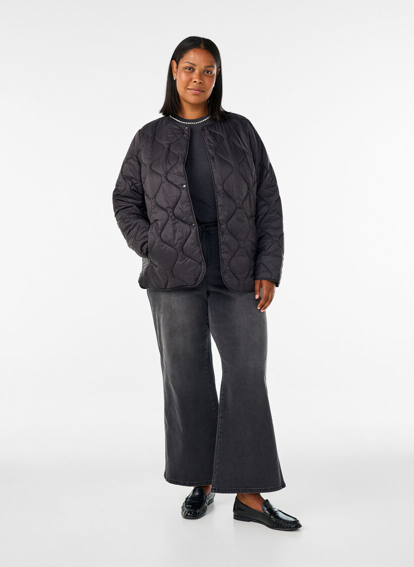 Quilted jacket with press studs and round neck, Black, Model image number 1