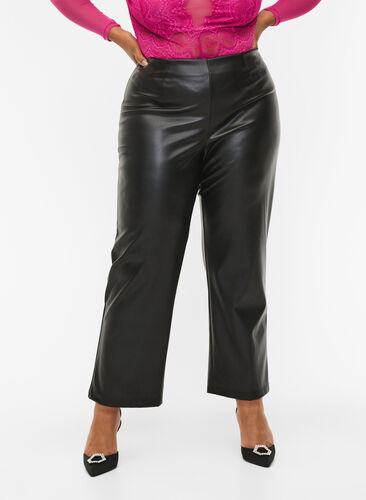 Imitated leather trousers with a wide leg., Black, Model image number 2