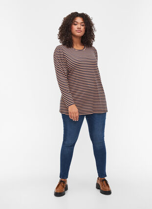 Striped viscose blouse with puff sleeves, Blue Camel Stripe, Model image number 2