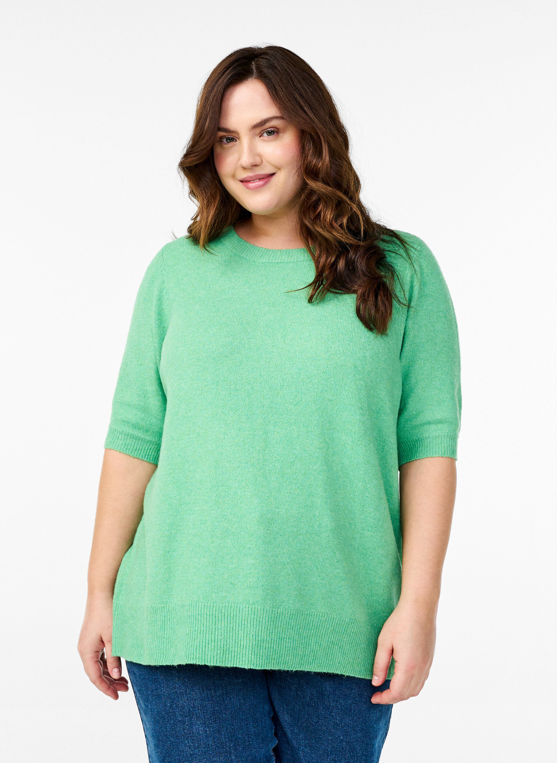 Zizzifashion Knitted blouse with short sleeves, Green, Model image number 0