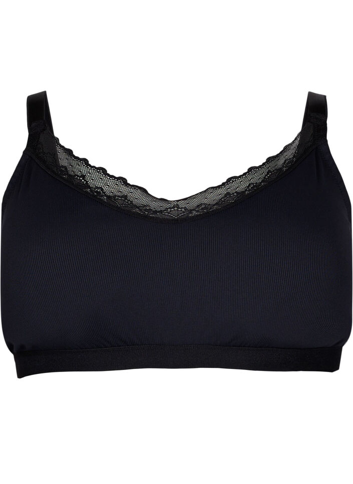 Ribbed bra with lace, Black, Packshot image number 0