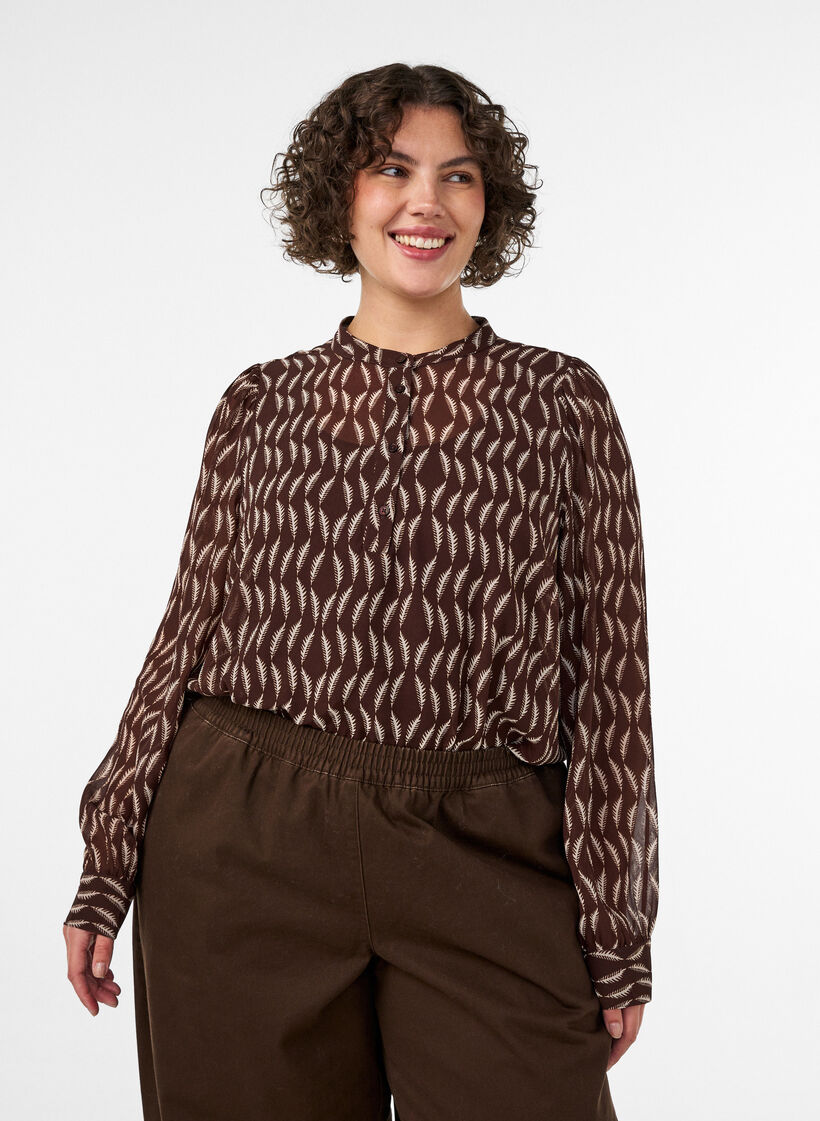 Blouse with all-over print and short button placket, Brown, Model image number 0