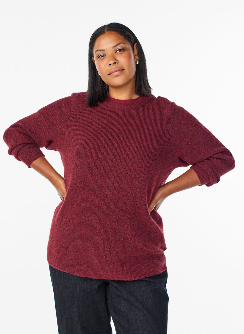 Melange knit blouse with round neck, Red, Model image number 0