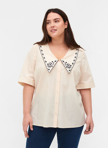 Short-sleeved shirt in cotton with a large collar, MotherOfPearl w.Blue, Model image number 0