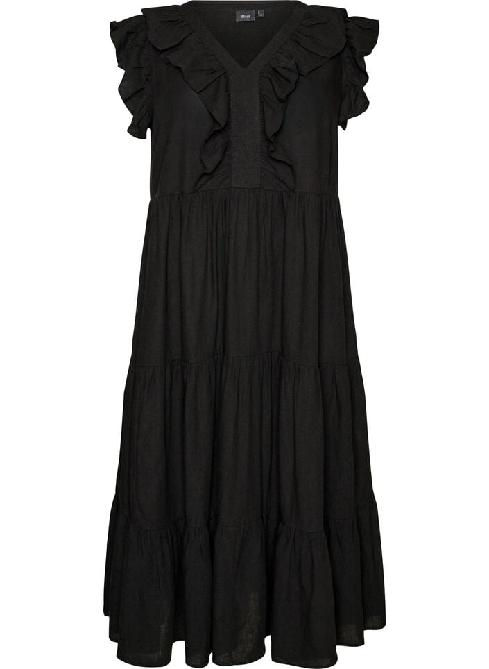Sleeveless midi dress in linen and viscose with ruffles, Black, Packshot image number 0