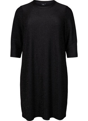 Glitter dress with 3/4 sleeves and round neckline, Black Black, Packshot image number 0