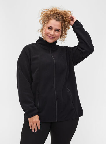 Fleece jacket with pockets and zip, Black, Model image number 0