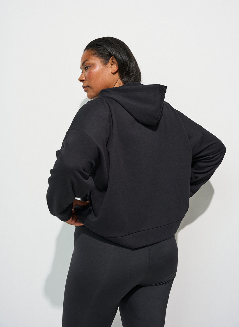 Hoodie with zipper and chest print, Black, Model image number 2