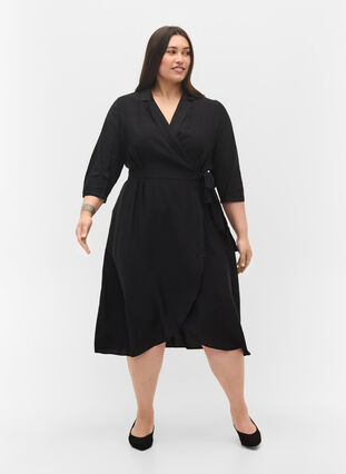 Viscose wrap dress with 3/4 sleeves, Black, Model image number 2
