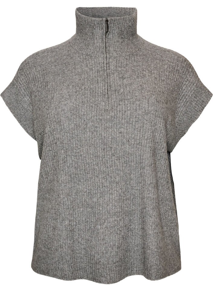 Knitted vest with a high collar and short zip, Grey, Packshot image number 0