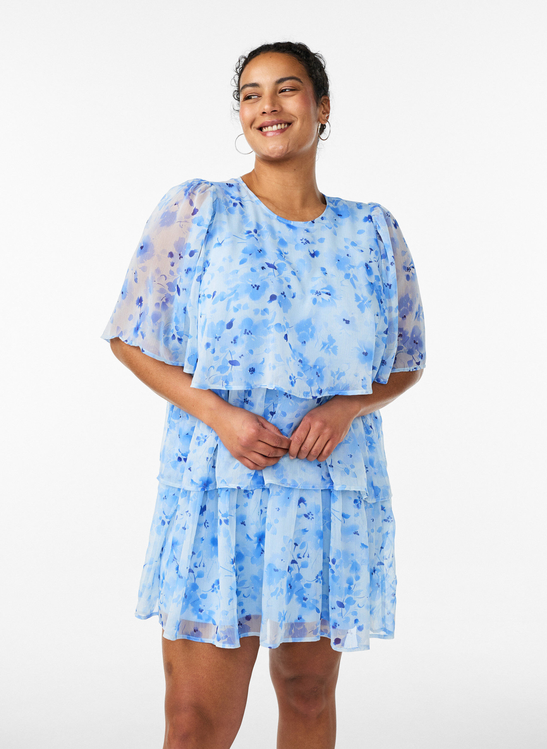 Zizzifashion Short chiffon-look dress with floral print and ruffle layers, Blue, Model image number 0