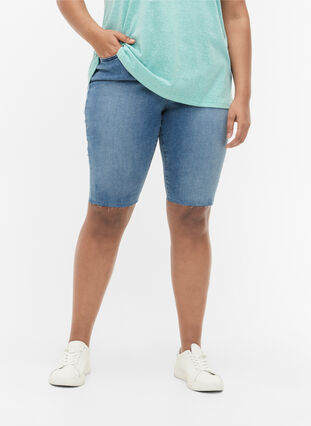 Long cotton denim shorts, Blue denim, Model image number 3
