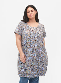 Short-sleeved, printed cotton dress, Blue Paisley , Model