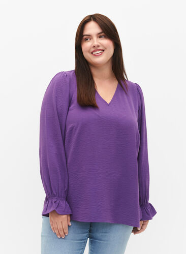 V-neck blouse with long sleeves, Pansy, Model image number 0