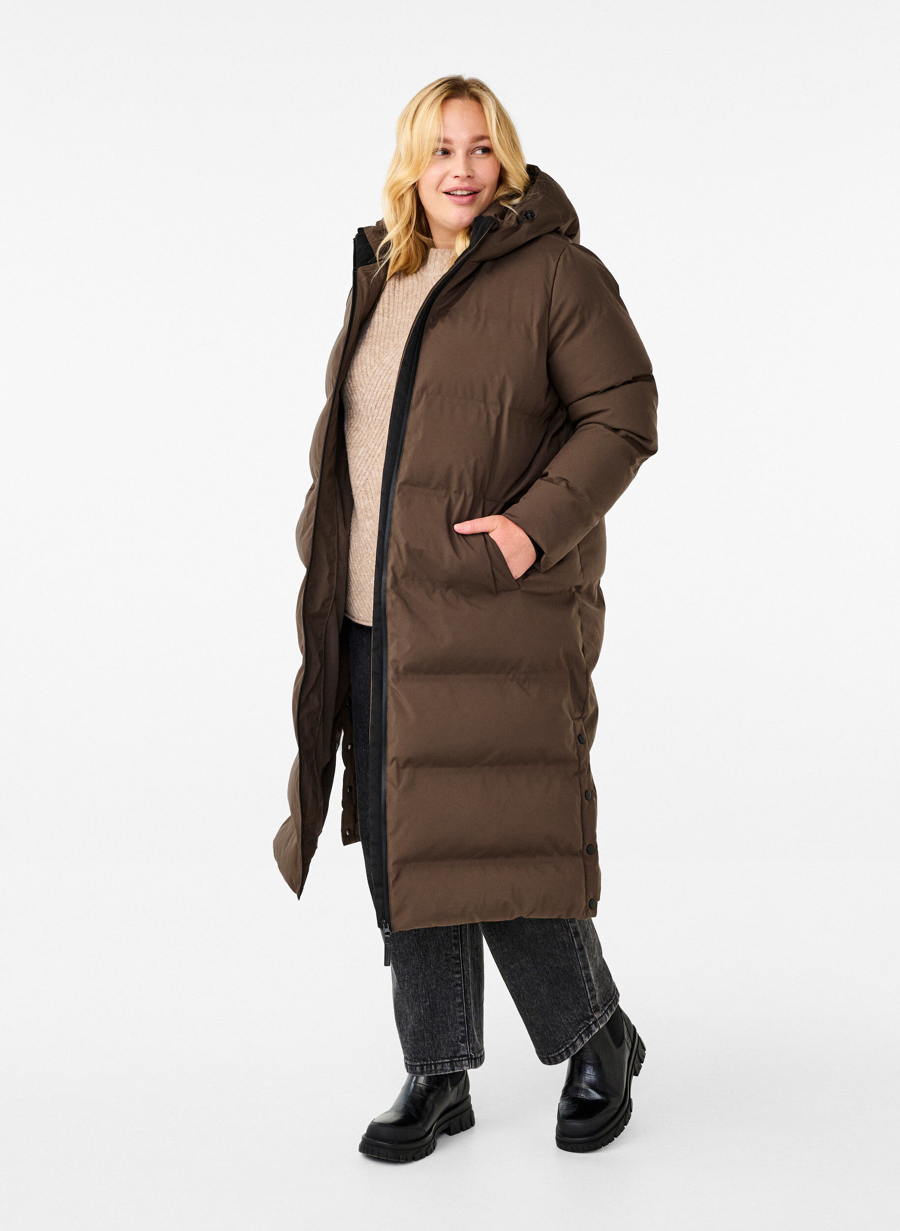 Zizzifashion Long puffer winter coat with hood, Brown, Model image number 1