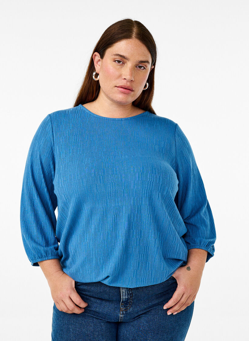 Blouse with texture and 3/4 sleeves, Blue, Model image number 0