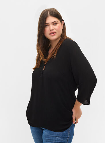 3/4 sleeve v-neck viscose blouse, Black, Model image number 0