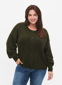 Ribbed knitted cardigan with buttons, Forest Night Mel., Model