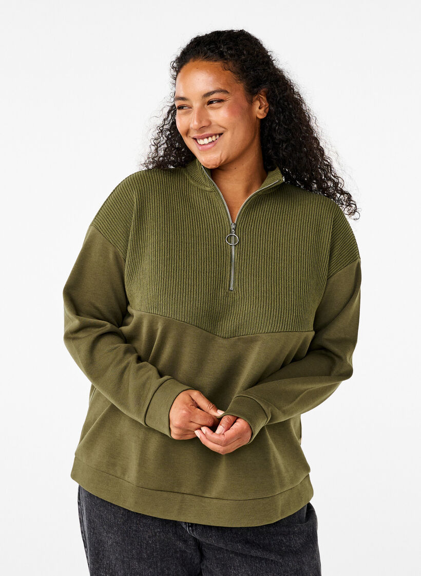 Sweatshirt with knitwear and zip, Winter Moss, Model image number 0