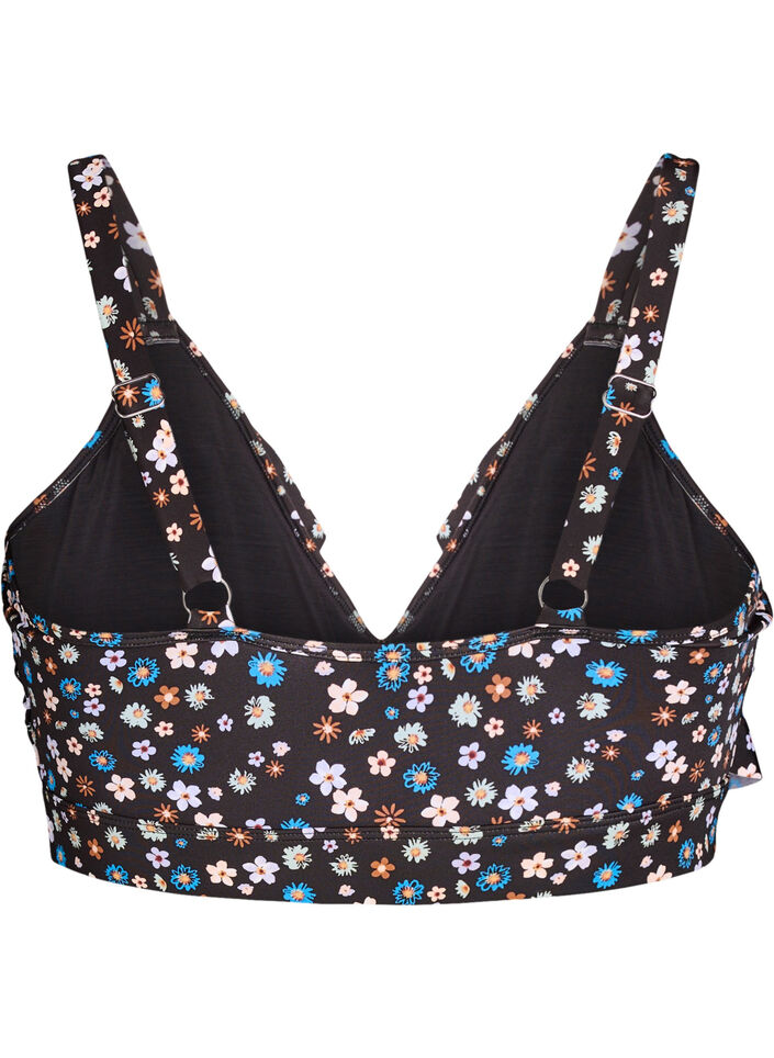 Floral bikini top with ruffle details, Brown, Packshot image number 1